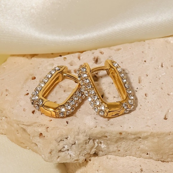 U Shaped Pave Zirconia Hoop Earrings 18K Gold Plated Stainles Steel - Picture 4 of 7